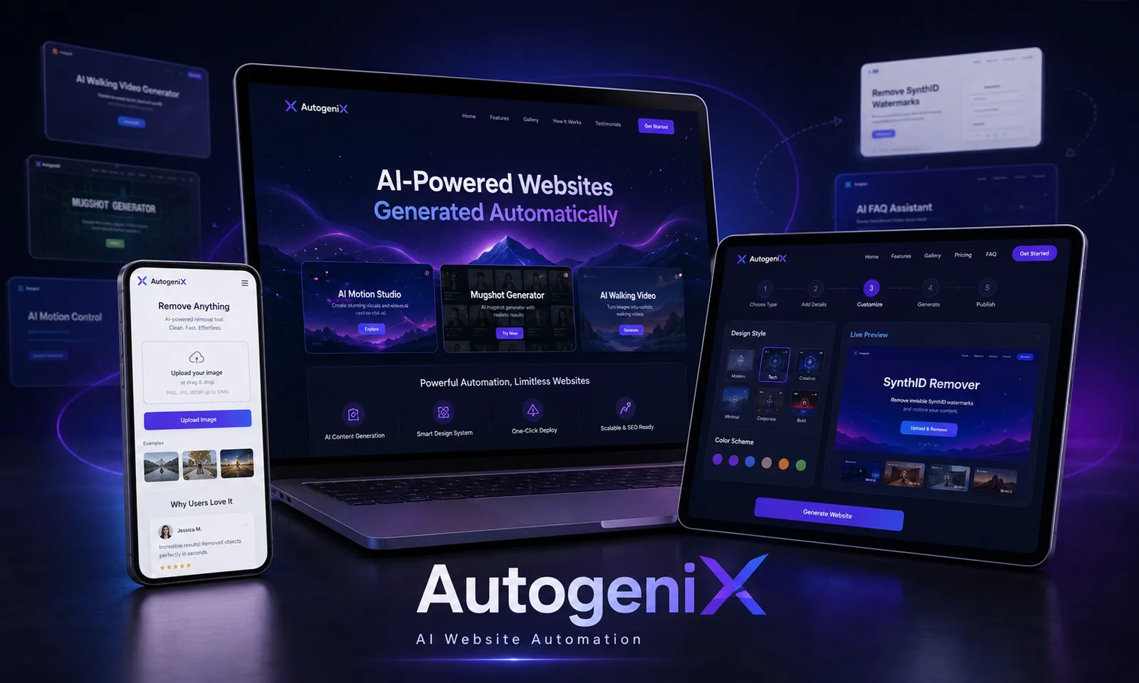 AutogeniX sample outputs across several generated product sites