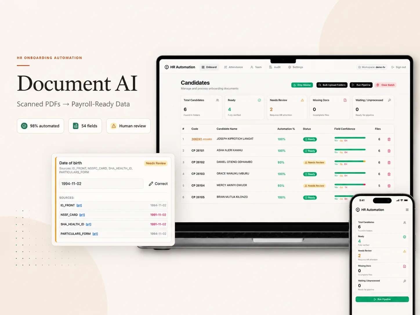 Document AI batch view showing per-candidate automation percentages