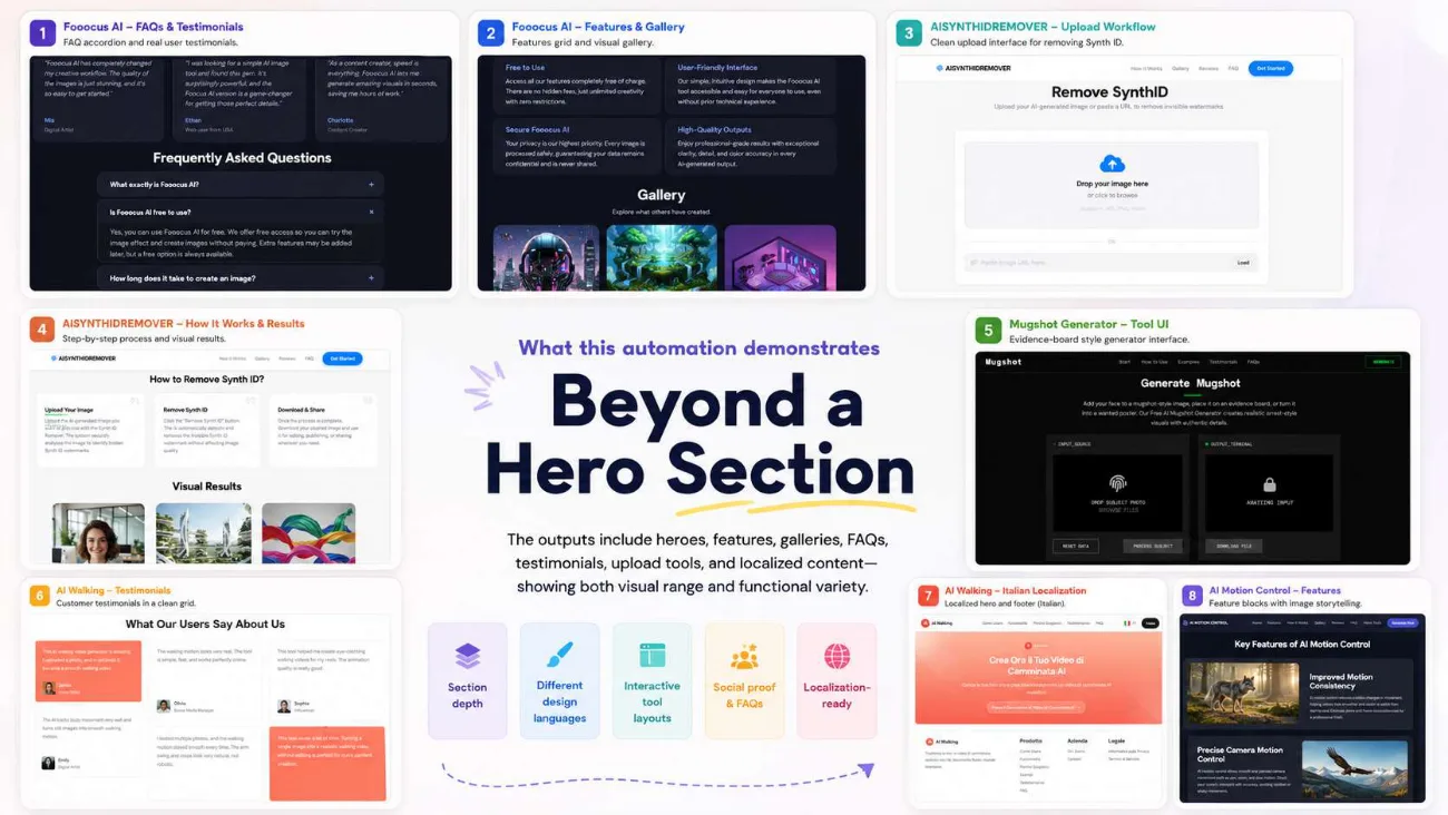 Generated sections across several sites: FAQs, galleries, upload tools, testimonials