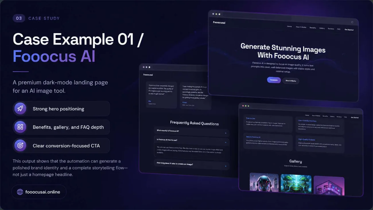 A generated premium dark-mode landing page for an AI image tool