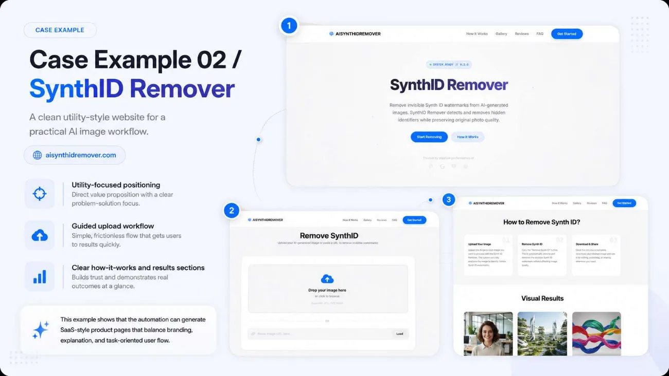 A generated utility-style product site with a guided upload workflow