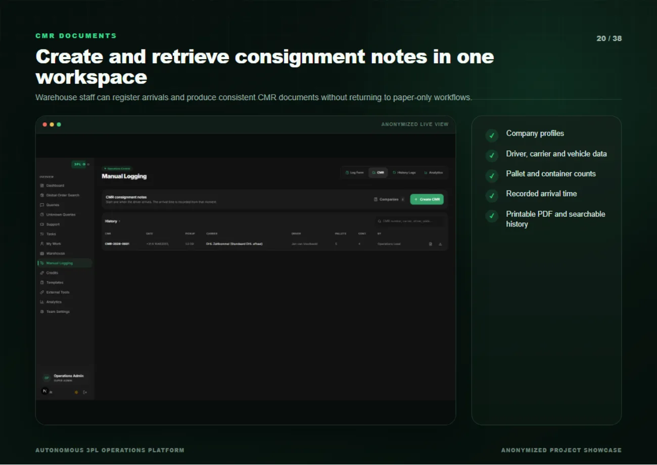 CMR consignment note creation and searchable history